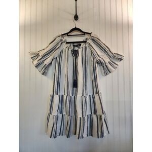 Mlle Gabrielle Blue White Striped Tiered Mini Dress L Cotton Gold Metallic Puff